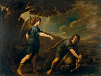 天使とトビアスと魚 - Andrea Vaccaro (1604-1670) 作、キャンバスに油彩 (199.5x262 cm)、1640 年頃、イタリア美術