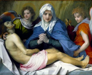 死せるキリストの嘆き」アンドレア・デル・サルト（フィレンツェ 1486 - 1530）の絵画 1519-1520年 薄暗い。99x120 cm ウィーン、美術史博物館