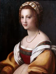 "女性の肖像" アンドレア・デル・サルト（1486-1531）の絵画 1514年頃 おぼろげに 73x56 cm プラド美術館（Museo del Prado）、マドリッド