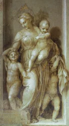 アンドレア・デル・サルト（1486-1530）作「聖ヨハネの物語」より「慈善行為の表現」、モノクロのフレスコ画、フィレンツェ、スカルツォの回廊