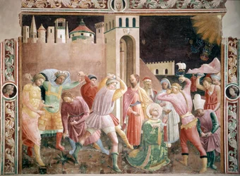 聖ステファノの石打ち刑 アンドレア・ディ・ジュスト（1424～1450年頃活躍）のフレスコ画 1430～1450年 プラートのカテドラーレ、アスンタ・プラートの礼拝堂 イタリア