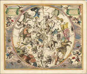 地球の南半球に北半球の星座を重ねた1660年の天球図