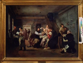 居酒屋。 （セットテーブルの周りのシーン、人々がお茶を飲んでいる、若い店員が印刷されたシートを読んでいる、老人がアマチュアに彫刻を見せている、パイプを吸っている）。 Andrei Andreyevich Popov（1832-1896）による絵画、キャンバスに油彩