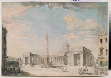 La Cathedrale Notre Dame de Kazan (Notre-Dame-de-Kazan) a Saint Petersburg (The Kazan Cathedral in St Petersburg) - Andrei Nikiforovich Voronikhin (Voronikhine) (1759-1814) 作、紙に鉛筆と水彩、1800年頃ロシア美術 18～19世紀、cl