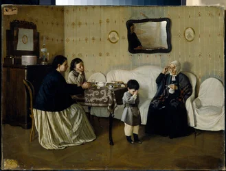 家族の朝、子供に祈りを教える - Andrei Antipovich Rumyantsev (?-1907) の絵画、キャンバスに油彩