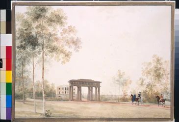 「ツァールスコエ・セローの公園への入り口」アンドレイ・エフィモヴィッチ・マルティノフ作（1768-1826）、1821年以降紙にグワッシュ、38.5x51.5、国立トレチャコフ美術館、モスクワ