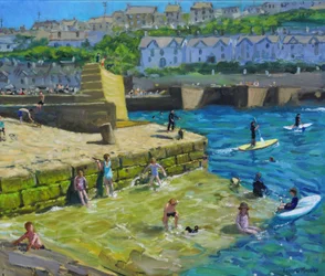 港での楽しみ、Porthleven、コーンウォール、2021年（キャンバスに油彩）