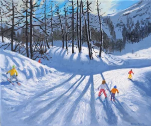 Long tree shadows and skiers,Tignes, 2016-2019,(oil on canvas)