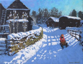Dovedale と Thorpe の近くの Wintercroft Lane 近くのそり遊び。 アシュボーン、2021年（キャンバスに油彩）