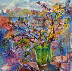 春の花の窓辺の景色