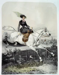 アマゾンの若い騎手がバリエを跳ぶ様子 アンジュ・ルイ・ジャウェ・ランゲ（1815-1872）によるリトグラフ 19世紀 個人蔵