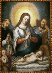 洗礼者聖ヨハネと聖ドミニクのいる聖家族。 アンジェリーノ メドーロ (1576-1633) の絵画、キャンバスに油彩