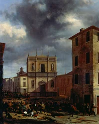 The ten days of Brescia, by Angelo Inganni (1807-1880), oil on canvas, 38x45 cm   1463084   ja       japanese Successfully Translated  Original: Death of St Scholastica, by Gregorio de Ferrari (1644-1726), Church of St Stephen, Genoa, Liguria, Italy Transl