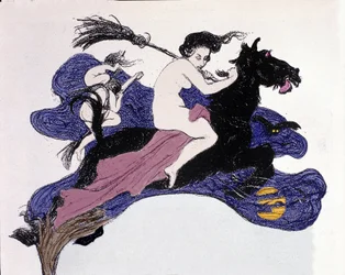 空中を移動する魔女。 アンジェロ ジャンク (1868-1940) によるユーゲントのイラスト