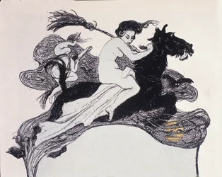 空中を移動する魔女。 Angelo Jank (1868-1940) による Jugend のイラスト