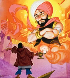 精霊に命じるアラジン、「Aladdin and his wonderful lamp」より（紙にグワッシュ）