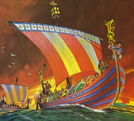 海峡を渡りヘイスティングスに向かうノルマン人（カラーリトグラフ）