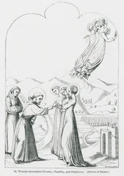 聖フランシスコ、清貧、貞潔、服従に出会う（リトグラフ）