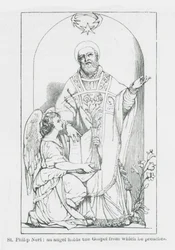 聖フィリポ・ネリ、天使が福音書を手に説教する（リトグラフ）