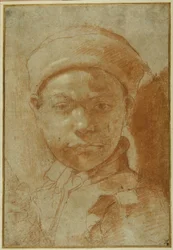 丸い帽子をかぶった胸像の青年（灰色の紙に赤チョークで描かれている
