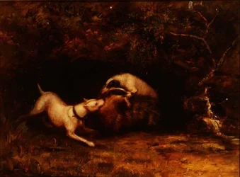 アナグマを餌にする犬、1870年頃