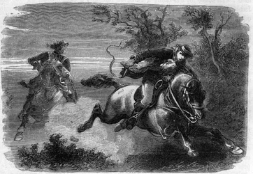 1791年6月21日 - ジャン・バティスト・ドゥルエ（Jean Baptiste Drouet）が友人のジャン・クリソストホーム・ギヨーム（Jean-Chrisosthome Guillaume）と共にルイ16世の痕跡を探すためにヴァレンヌに向かう - アルフォンス・ド・ラマルティーヌ（1790-1869）の「ジロンダンの歴史」に掲載されたエングレーヴィング 1865-1866年下絵