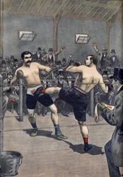 フランスのチャンピオン、ジョセフ・シャルルモン（1839-1918）がジェリー・ディスクロールに "サバット "で勝利したことを、1899年の『ル・プチジャーナル』誌に掲載。