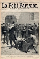 ドイツでの死刑執行。マクデブルクの死刑執行人フリードリヒ・ラインデル（1824-1908年）が、ベルリンの刑務所で囚人クラウジンを斬首する。1891年04月19日付「ル・プティ・パリジャン」掲載の版画。個人蔵。