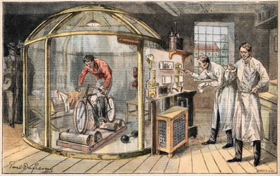 イギリスの科学者が行った人間のエネルギーの消費に関する実験。1908年5月24日の新聞 "Le Peute Parisien "に掲載された版画。個人蔵。