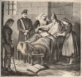 19世紀のロシュフォールのバッグンでの結婚式。ピエール・ザッコーネ（1817-1895）の「Histoire des bagnes depuis leur création à nos jours」（1877年）に掲載されている版画（Colonia Penale - Penal colony）。個人蔵。