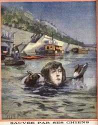 セーヌ川に落ちた女性が犬に助けられるパリの風景。1910年8月14日の "Le petit parisien "に掲載されたエングレーヴィング。個人蔵。