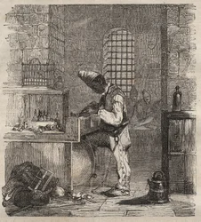19世紀のブレスト・バグネでの労働力。ピエール・ザッコーネ（1817-1895）の「Histoire des bagnes depuis leur création à nos jours」（1877年）に掲載された版画（Colonia Penale - Penal colony）。個人蔵。