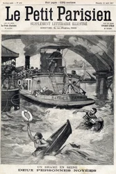 セーヌ川での事故：溺れたボートに2人が乗っている。1897年04月25日の "Le Petit Parisien "にて。