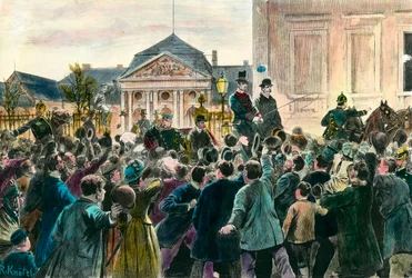 1890年3月29日、オットー・フォン・ビスマルク（1815-1898）がオフィスとベルリンを去る際の群衆の喝采 19世紀末のエングレーヴィング。個人蔵