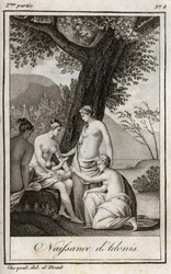 アドニスの誕生。チャールズ・アルベール・ドゥムスティエ（1760-1801）の『Lettres a Emilie sur la mythologie』に掲載された1819年のエングレーヴィング。個人蔵。