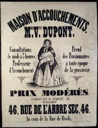 1850年、パリの出産施設（マタニティ）の広告。Madame Dupont, low prices at 46 rue de l
