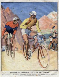 絵画「Robbialac」の広告：「Robbialac triumph at the Tour de France」。サイクリストが自分の自転車のためにRobbialacのペイントのメリットを販売している。エングレービング。"The Little Journal Illustrates "のひとつ。