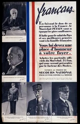 第二次世界大戦中のフィリップ・ペタン元帥の肖像画を販売し、ペタンを賞賛する広告ポスター（貧困対策のための国家的救済のために販売される