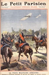 空軍のポスト：ジョルジュ・ベレンジャー中尉（1878-1977）がムニエ将軍に報告書を送った方法、1910年10月2日のUne du journal "Le petit parisien"（彫刻）。