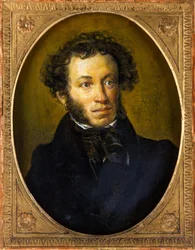 アレクサンドル・パウチキーン - 詩人アレクサンドル・セルゲイヴィチ・プーシキン（1799-1837）の肖像 - 匿名木に油彩、19世紀の第2四半期。寸法：40,5x30,5 cm。個人蔵