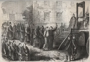 19世紀のトゥーロン・バグーンでの処刑。ピエール・ザッコーネ（1817-1895）の『Histoire des bagnes depuis leur création à nos jours』（1877年）に掲載されている版画（Colonia Penale - Penal colony）。個人蔵。