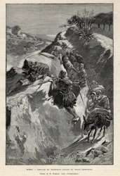 モロッコのアンジェラ山での反乱：シェリフフィアン軍を待つアンゲリストの待ち伏せ。1892年の "Le monde illustree "に掲載された版画。個人蔵。
