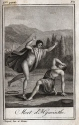 アポロとヒヤシンス（ヒヤシンスの死） シャルル・アルベール・ドゥムスティエ（1760-1801）の「Lettres a Emilie sur la mythologie」に掲載された1819年のエングレーヴィング。個人蔵。