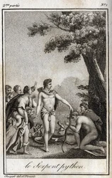 パルナッソス山のアポロとパイソンの蛇。チャールズ・アルベール・ドゥムスティエ（1760-1801）の「Lettres a Emilie sur la mythologie」（1819年）に掲載された版画。個人蔵。
