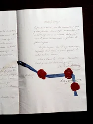 1815年のフランスと連合国との間の条約の第12条。リシュリュー公爵アルマン・エマニュエル・ドゥ・ヴィニュロット・デュ・プレシ（1766-1822）が署名した第二次パリ条約：オーストリア、イギリス、プロイセン、ロシアの協力を予見した条約。