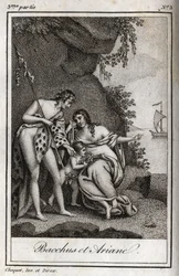 Bacchus et Ariane（バッカスとアリアドネ）Charles Albert Demoustier（1760-1801）の「Lettres a Emilie sur la mythologie」の1819年のエングレーヴィング。個人蔵。