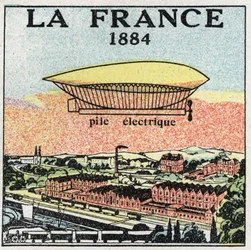 風船：1884年、フランスのレナールとクレブスが発明した電気電池を使用した飛行船「ラ・フランス号」。1925年の匿名のイラスト。個人蔵。