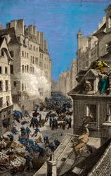 1830年、サン・アントワンヌ通りのバリケードでの戦い、エングレーヴィング、個人蔵