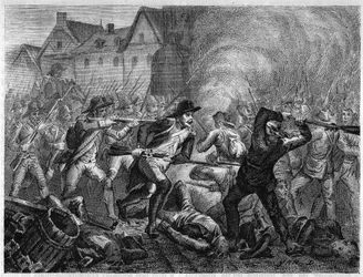 ヴァンデ戦争中の1793年、ル・マンの戦い。1866年、アドルフ・ティエール著「フランス革命史」に掲載された版画。個人蔵。