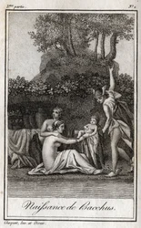 ジュピターとセメレの息子、バッカスの誕生。シャルル・アルベール・ドゥムスティエ（1760-1801）の「Lettres a Emilie sur la mythologie」（1819年）に掲載された版画。個人蔵。